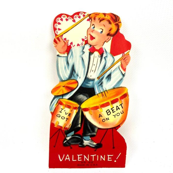 Vtg 40s 50s Valentines Card Greeting Hip Cat Drummer Band Drums Carrot Top Boy
