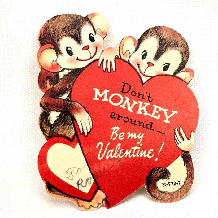 Vtg 1940s 50s Monkeys Valentines Day Card Holiday Greeting Valentine Old Twin