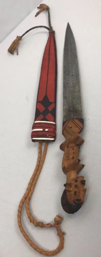Hand Carved African Wood Handle Knife Leather Sheath
