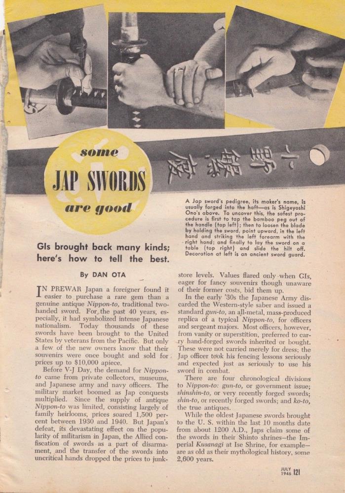 Vintage 1946 Magazine Article Guide to Collectible Japanese Swords (3 pages)