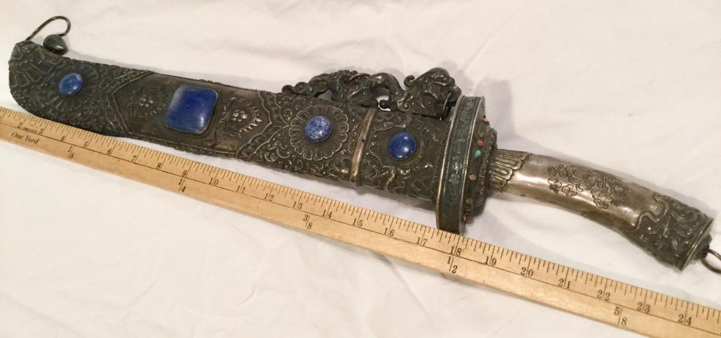 ANTIQUE CHINESE SILVER SWORD LAPIS DECORATION MADE IN 1850S 24 1/2 in.LONG AS-IS