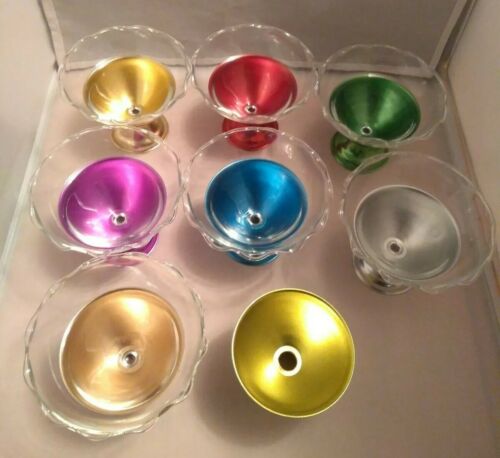 SET OF 8 VINTAGE MULTICOLOR ALUMINUM ICE CREAM CUPS WITH 7 RUFFLED GLASS INSERTS