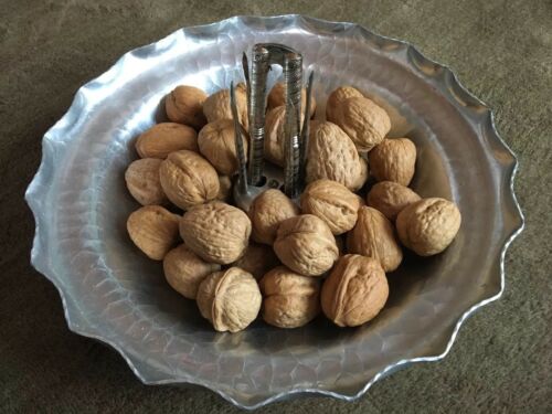 Vintage Hammered Scalloped Aluminum Nut Bowl Dogwood Cracker And Picks