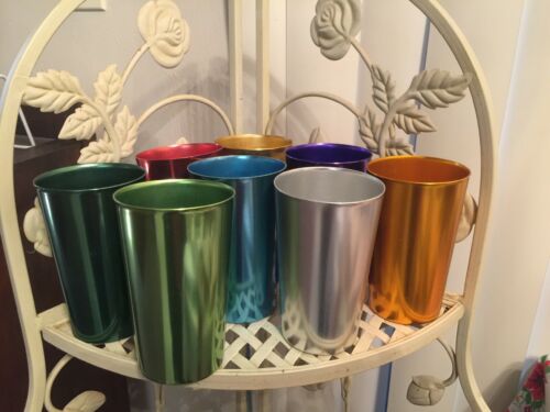 8 Vintage Bascal Aluminum Multi Colored Tumbler Cups Glasses Anodized Italy