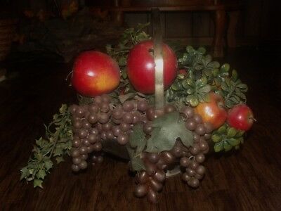 VTG METAL ALUMINUM FAKE FRUIT BASKET APPLES FIGURE PLASTIC GRAPES LEAVES DISPLAY