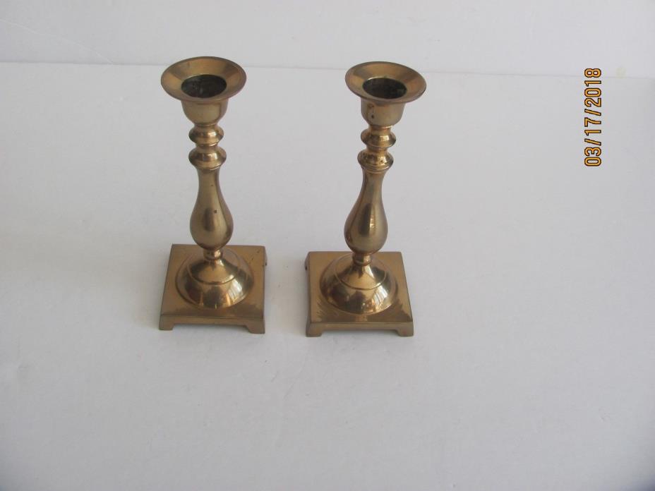 Vintage Set Pair Brass India Footed Candlestick Holder 6