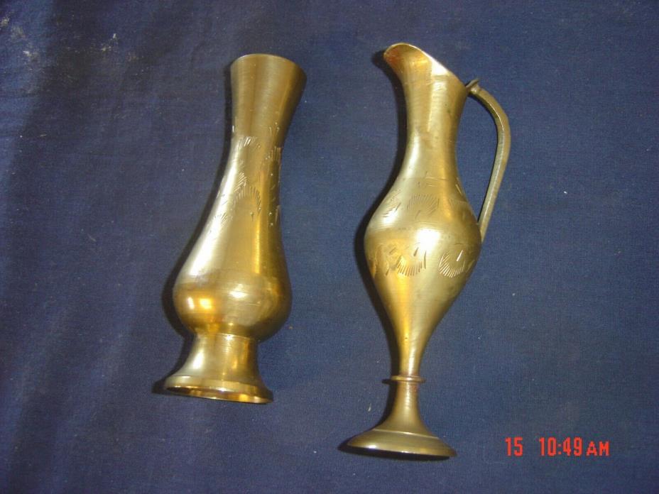 Vintage  Pretty Etched Brass Miniature Vases/pitcher from India (Set of 2)