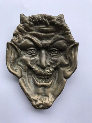 VTG AQ High Detail Solid Brass Devil Satan Demon Face Coin Tray Ashtray Oddities