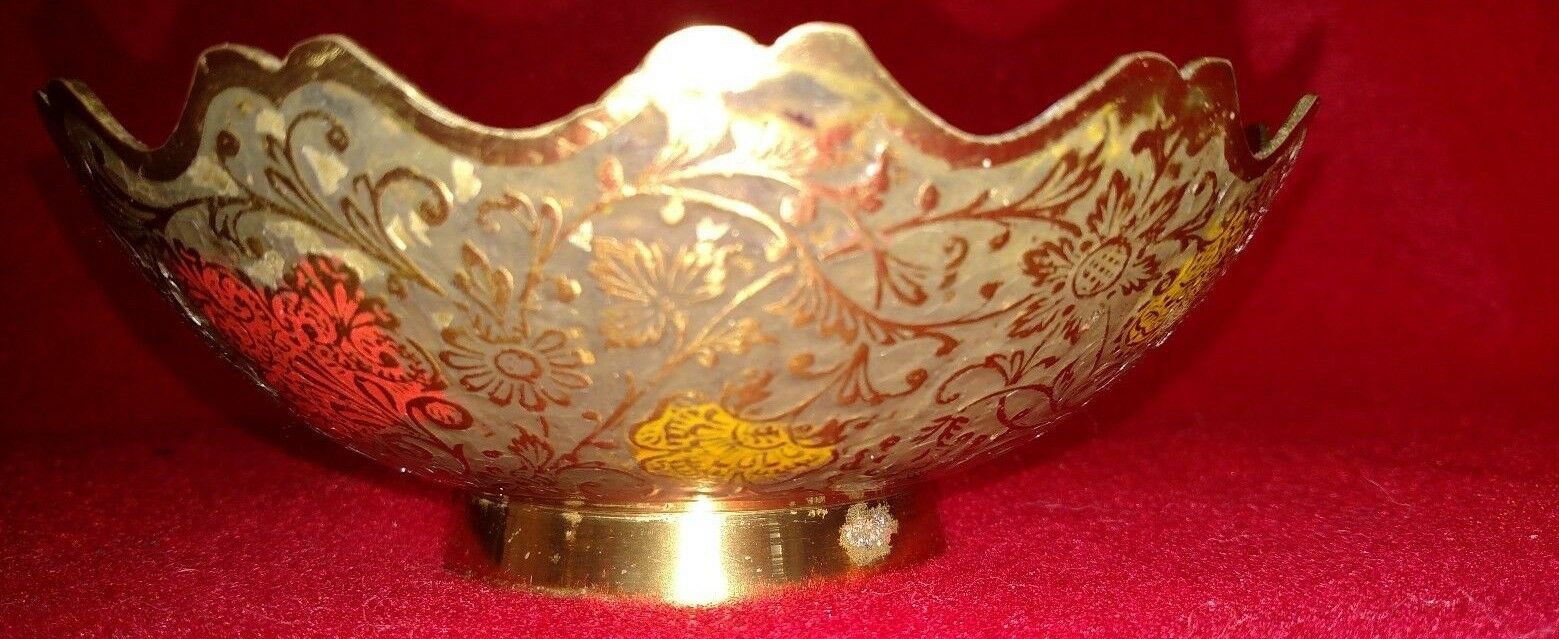 brass bowl, flower design, vintage, orange and yellow flowers