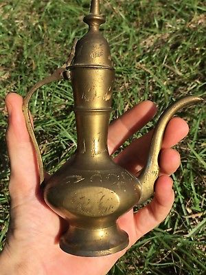 Vintage Etched Brass Genie Oil Lamp Teapot Hinged Lid Excellent Cond Very Old