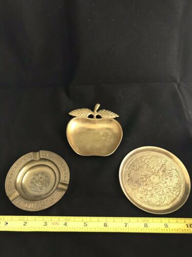 3 Old Vintage POCKET CHANGE Coin Tray Brass Metal Trinket Plate Dish Dresser Lot