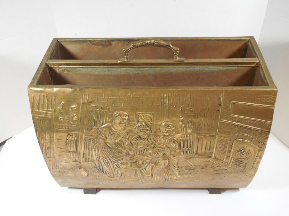 VINTAGE EMBOSSED WOOD BRASS MEDIEVAL KITCHEN MOTIF MAGAZINE RACK BOX RETRO DECOR
