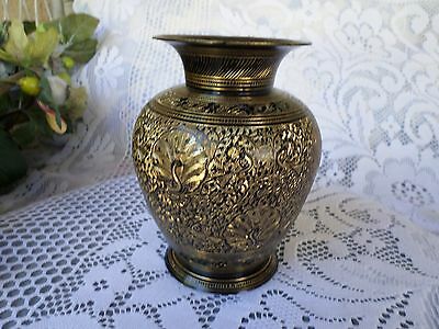 Beautiful Painted & Etched  Brass Vase  Black Peacock Design Design 5.5