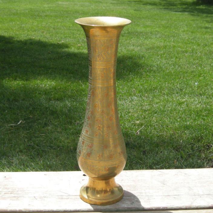 Vintage Brass Metal Flower Stem Vase Etched Enameled Design 11.75 Inch Tall