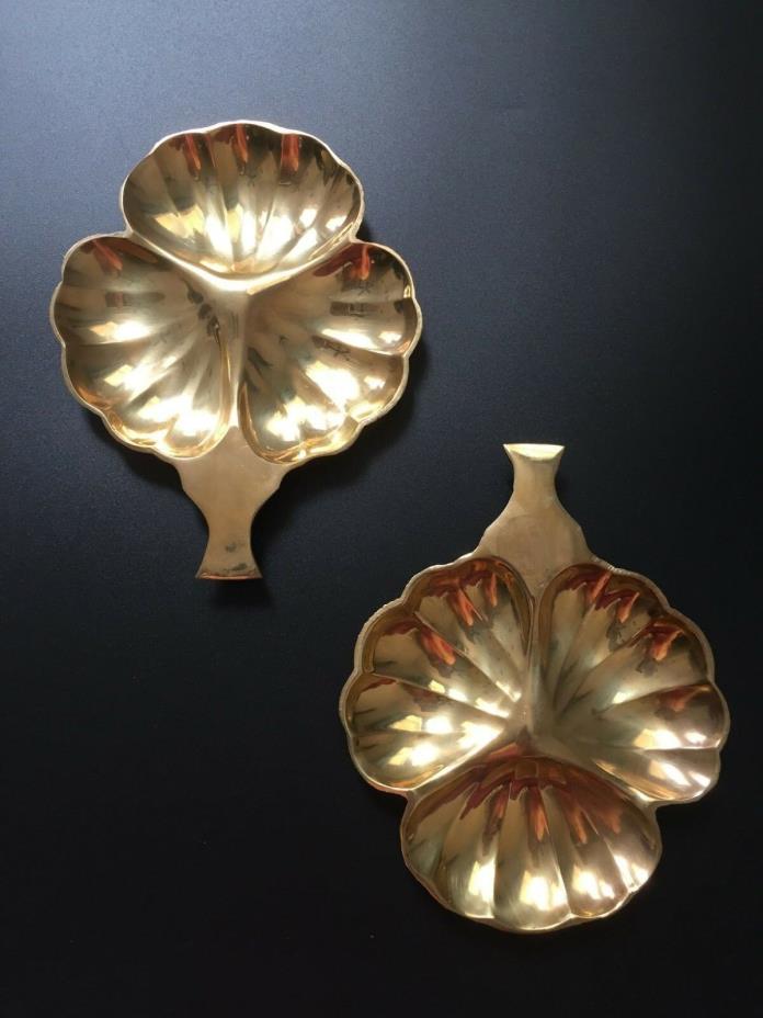 2 Vintage Three Part Clover Shape Brass Candy Dish Divided Leaf Snack Bowl Tray