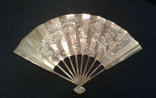 Vintage Decretive Oriental Brass Fan Bird And Flowers Artwork For Display