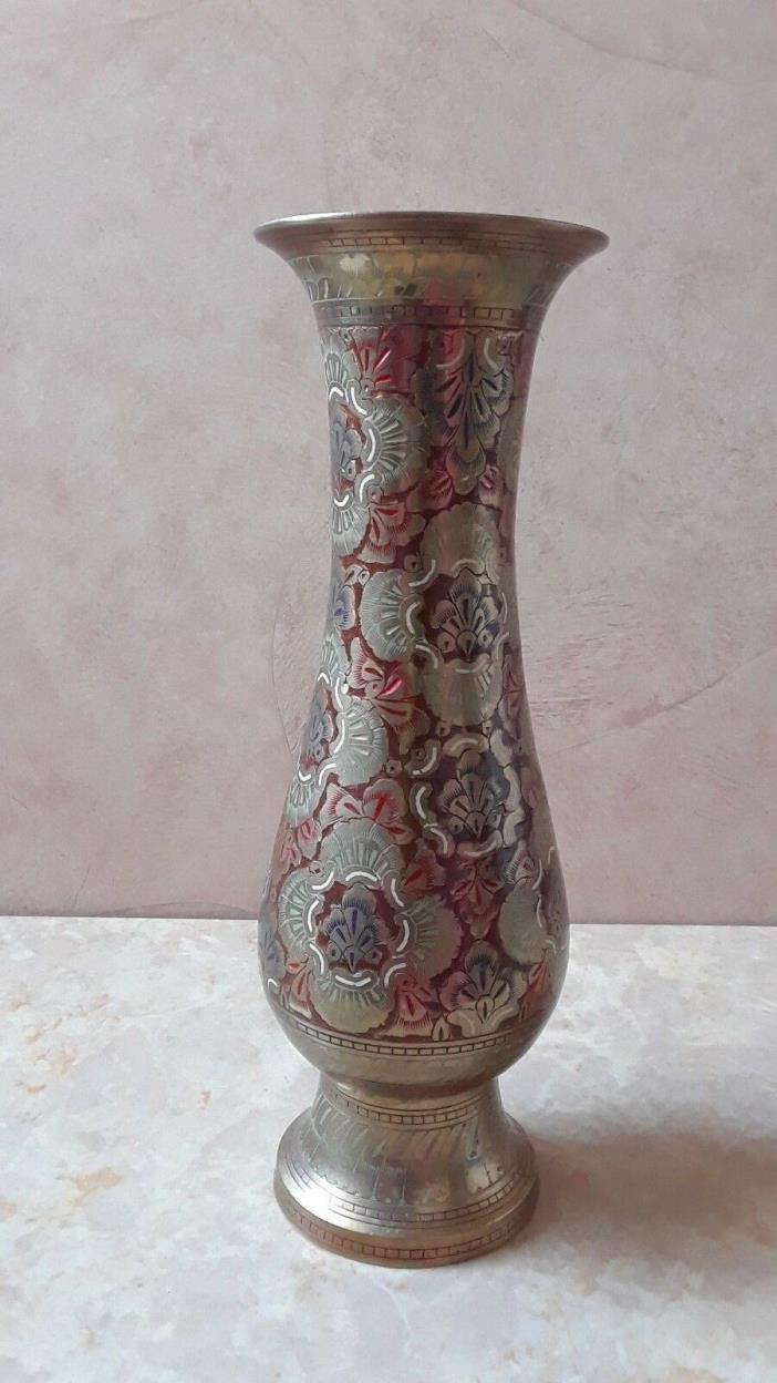 Vintage Carved Etched Brass Vase Bud Vase Multi-color Floral Carvings Home Decor