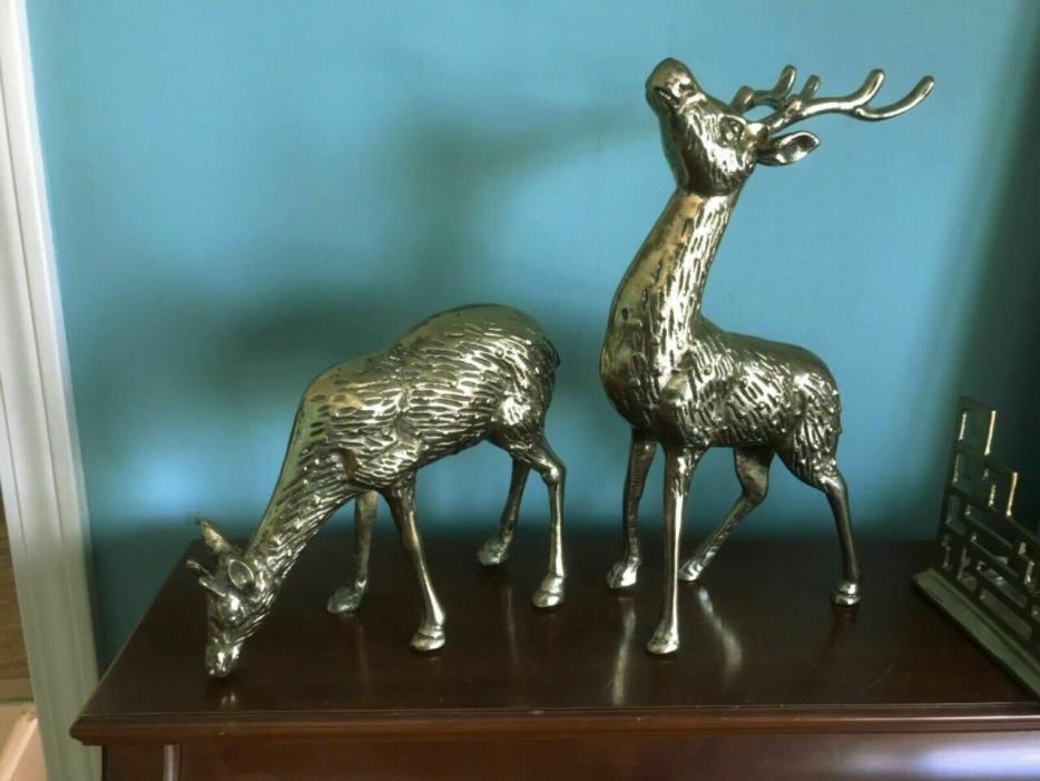 LARGE 2 (Pair) Vtg MID CENTURY SOLID BRASS SPOTTED ELK DEER BUCK & DOE  14