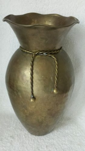 Vintage Large Hammered Solid Brass Vase with Tassels and Ruffled Rim