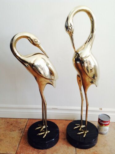 Vintage Huge Large Heavy Brass Brassware Heron Cranes Bird Marble Base - Pair