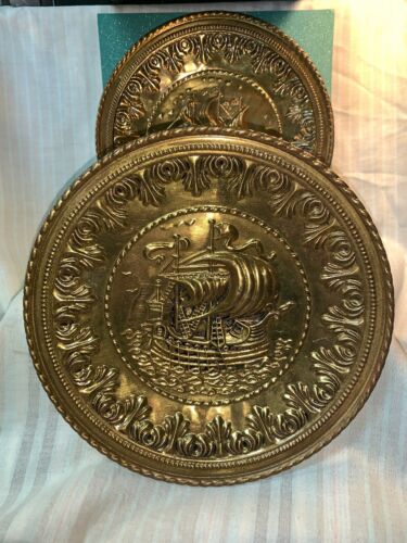 Vintage Pair Of Brass Sailboats Full Sail Wall Hanging Brass Relief Plates