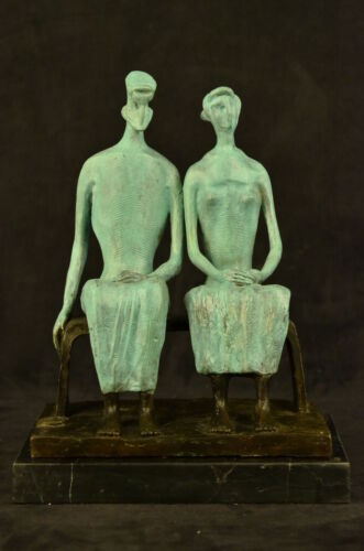 Abstract Modern Surrealist Couple by English Artist Henry Moore Bronze Figurin
