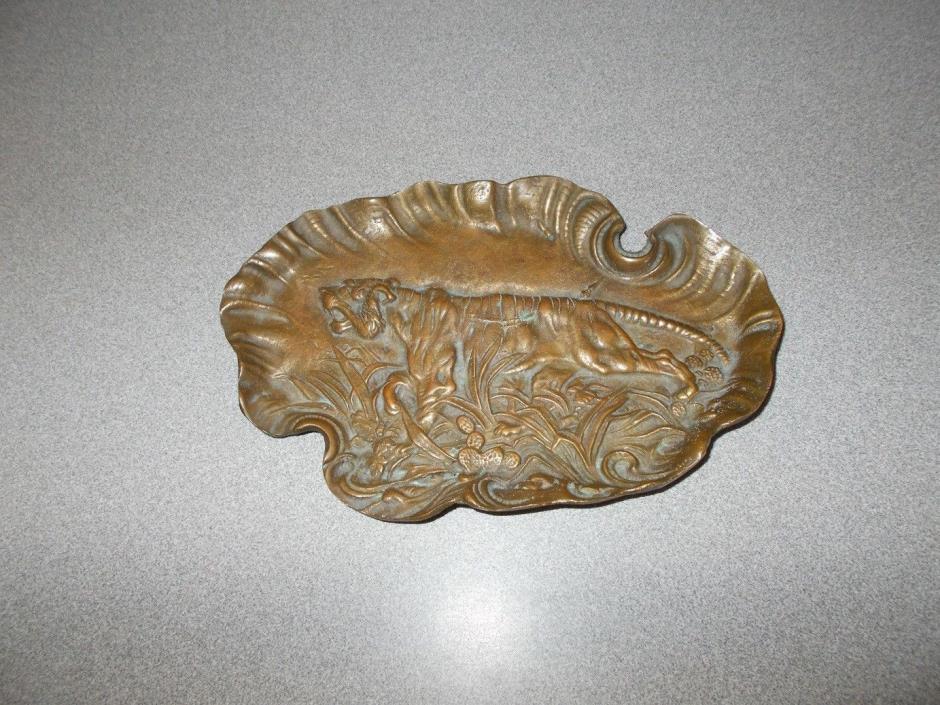 Rare antique early version cast bronze lion tiger repousse sculpture valet tray