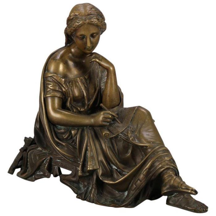 Antique French Classical Bronze Sculpture of Seated Muse after Moreau circa 1890