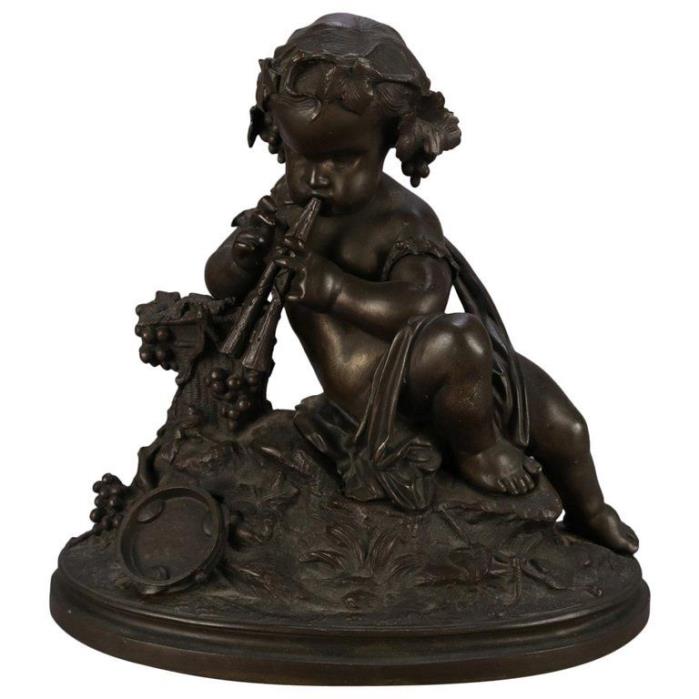Antique French Classical Bronze Figural Sculpture of Cherub with Flute