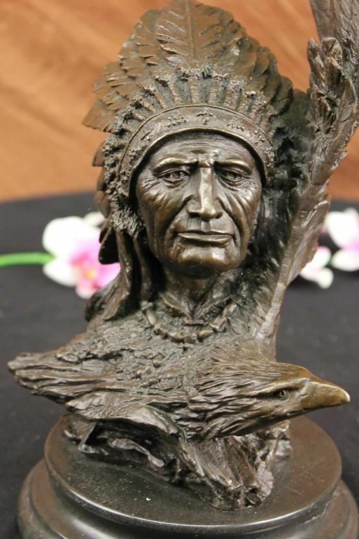 Rare Indian Native American Art Chief Eagle Bust Bronze Marble Statue Sculpture