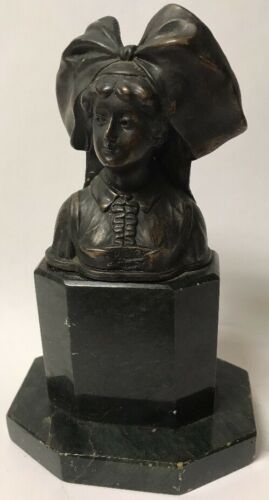 Antique Bronze Bust of Girl with Oversized Hair Bow / Bonnet Green Marble Base