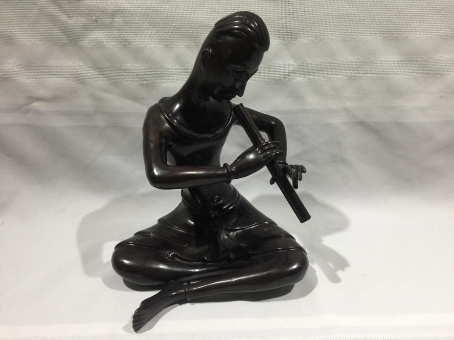CONTEMPORARY BRONZE STATUE FIGURE OF SNAKE CHARMER OR MAN PLAYING A FLUTE-11 IN.