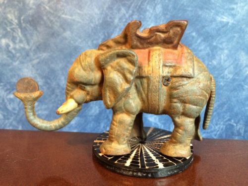 Vintage Cast Iron Elephant and Howdah Mechanical Bank - Metal Circus