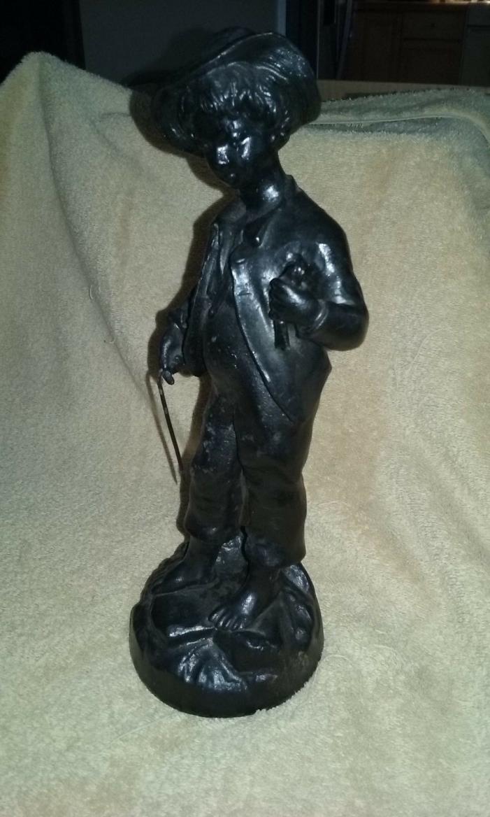 Antique Cast Iron Statue Figure of Boy with a Fish