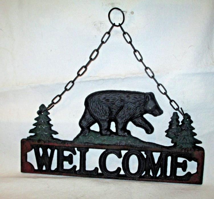 Bear Welcome plaque. Hand painted in rusty black  and a rusty red border