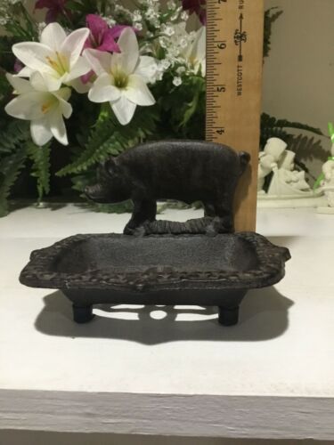 VINTAGE CAST IRON SOAP DISH PIG 3.5”W X 5.0”T Great Condition