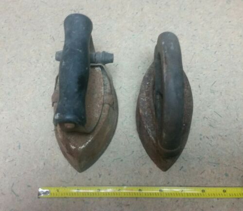 Antique Sad Iron Lot of 2, w/ Handles, Steampunk Paperweights!