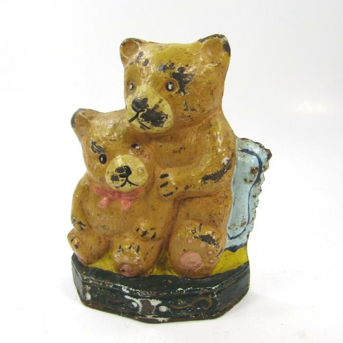 Vintage Cast Iron Teddy Bear Door Stop Painted Mama and Baby Bear