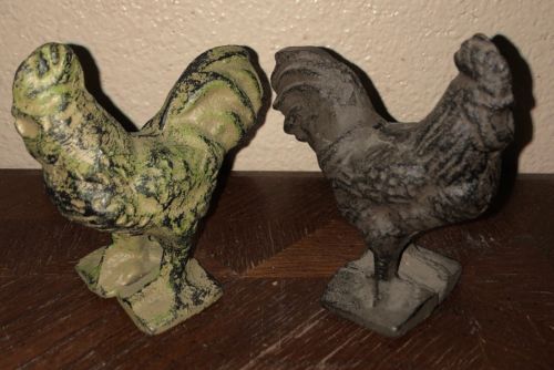 2-Cast Iron Farm Rooster Chicken Paper Weight Old Figurine Shelf Sitter Vtg