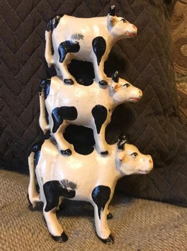 Vintage Cast Iron Stacked Cows Doorstop Painted Paperweight Black White