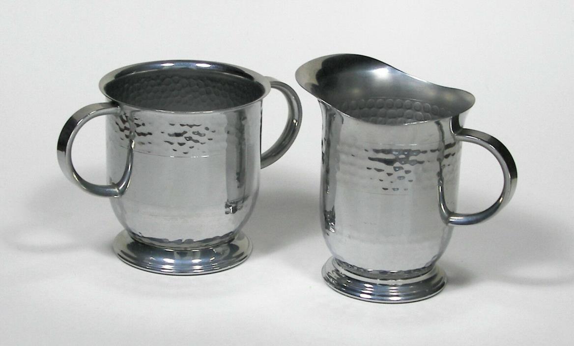 Stainless Chrome Hammered Pattern Sugar Bowl & Creamer.