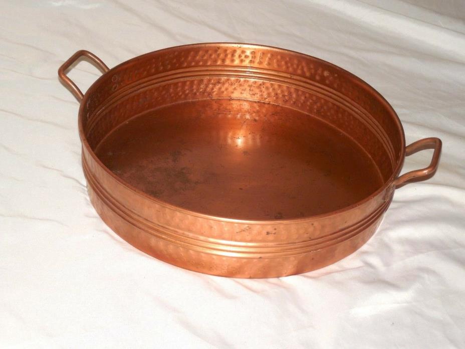 VINTAGE PRE-OWNED VERY LARGE COPPER STORAGE BOWL VESSEL WITH BRASS HANDLES