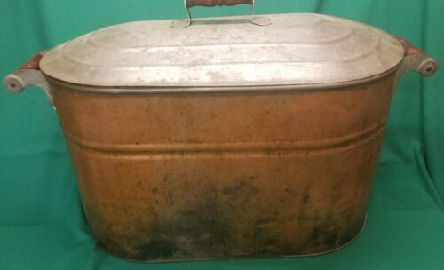 Vintage Antique Copper Boiler/ Wash Basin with a Steel Lid and Wood Handles