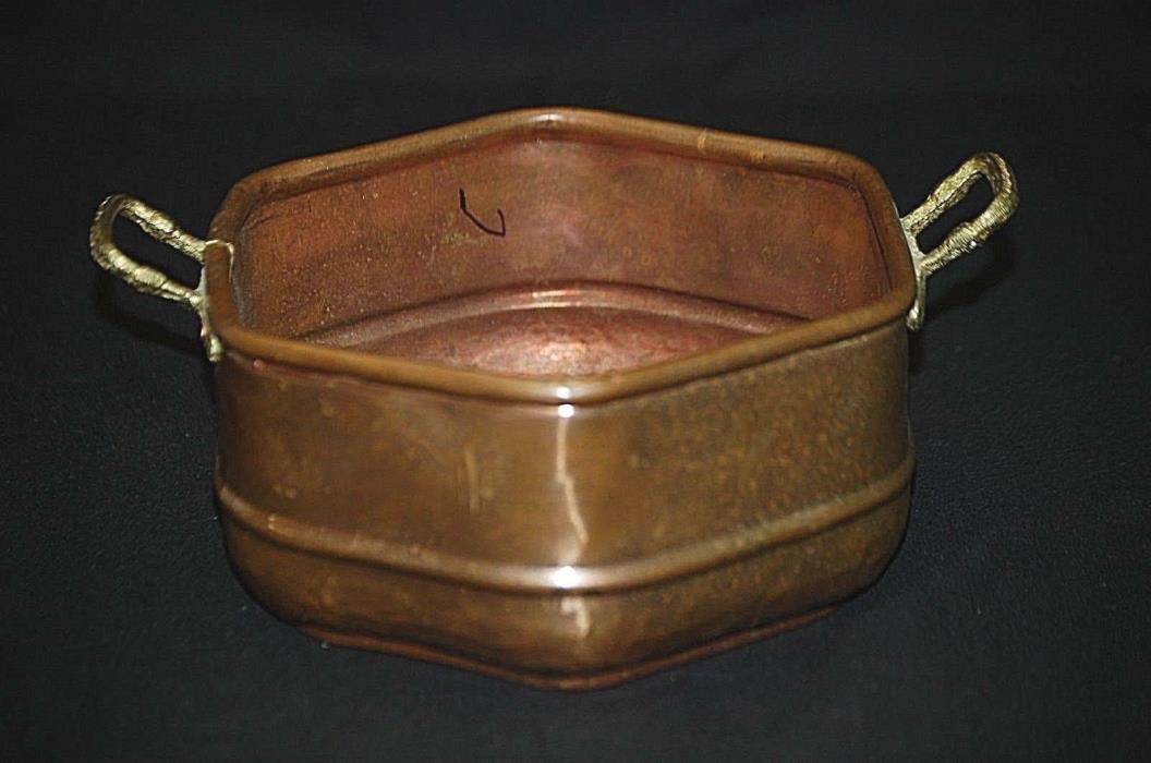 Vintage Primitive Handmade Solid Copper Planter w Brass Handles Dove Tail Turkey