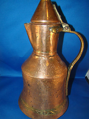 Copper Pitcher Pot Attatched Lid Brass Handle 12