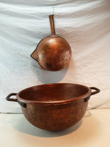 Antique Large Copper Candy Kettle Forged Seamless Cauldron & Ladel Bowl w/ Spout