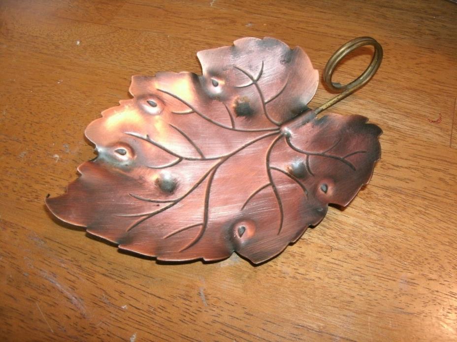 Vintage Coppercraft Guild Leaf Metal Dish with Curled Stem Handle