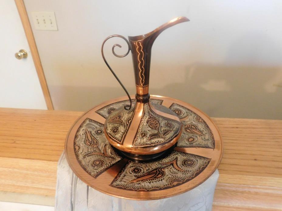 beautiful plate and carafe copper silver and brass set Made in Turkey