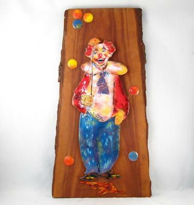 VINTAGE ENAMEL ON COPPER PAINTING CIRCUS CLOWN W/ BALLOONS ON WOOD SLAB