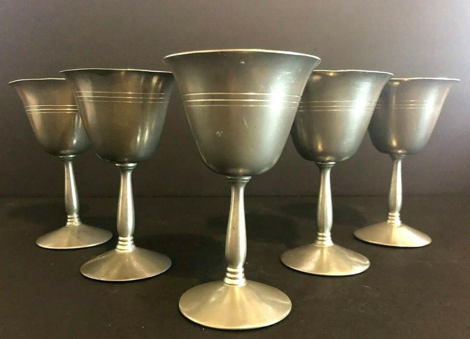 Vintage Set Of 5 Colonial Style Genuine Pewter 4 Oz Goblets, Wine Glasses